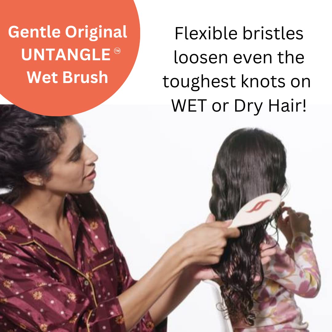Mom brushing happy child's wet long curly hair with the Untangle brush.