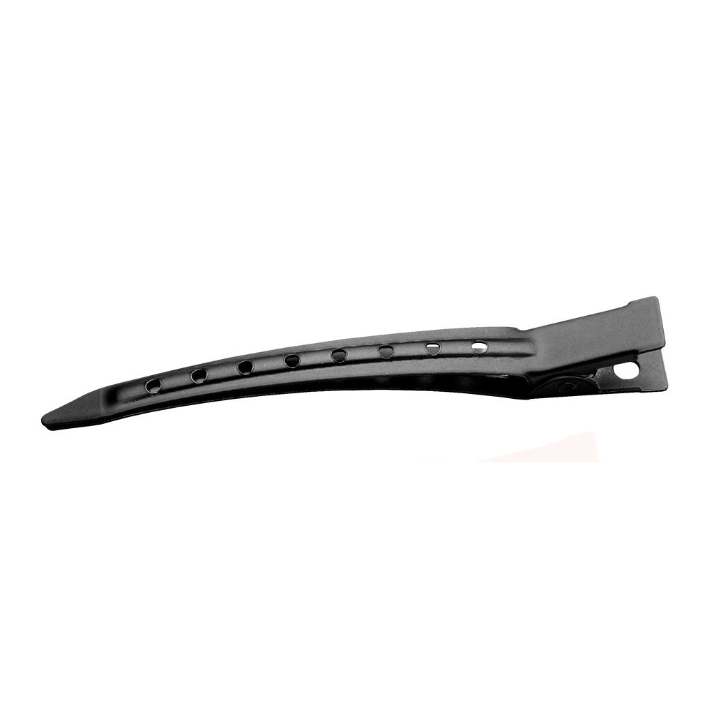 Black long duck billed style clip with 8 holes on the top piece. Rubberized black coating ensures clips do not slide or slip out of hair.