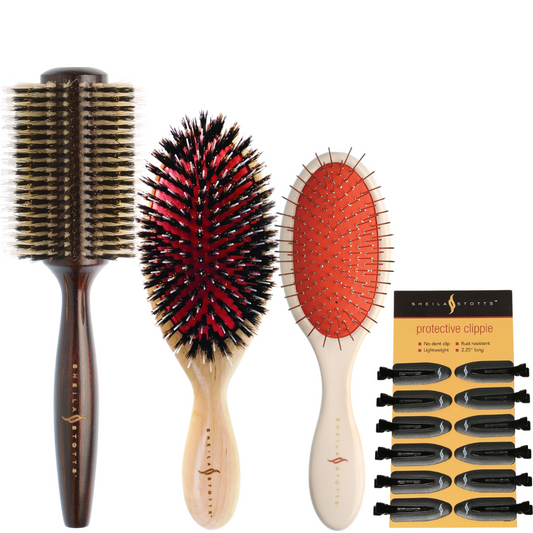 Sheila Stotts Oval Brush, Mixed Boar & nylon Brush, Untangle Brush and Protective Clipper Set.