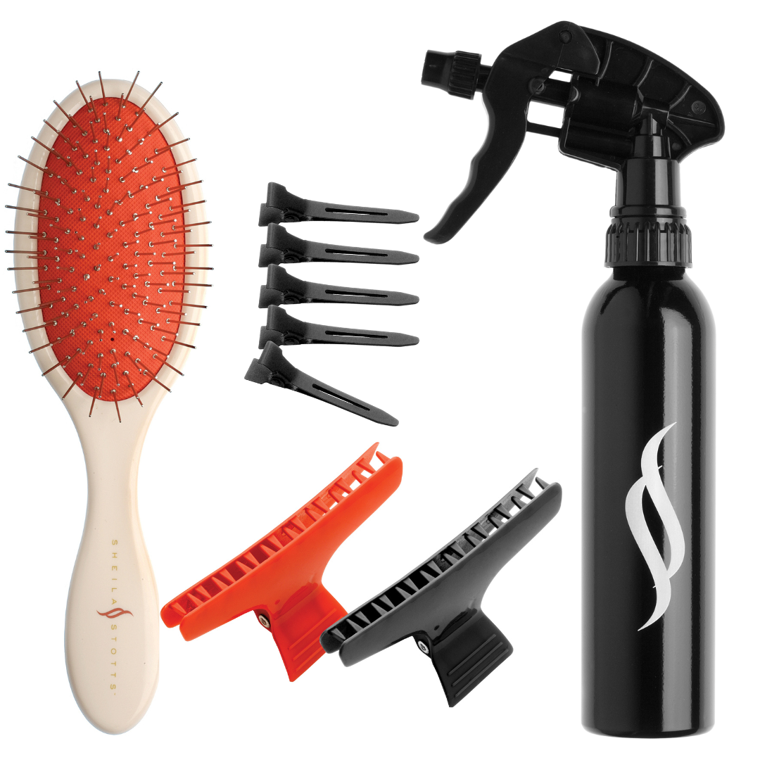 Sheila Stotts Untangle Brush, Jaws such as butterfly clips, black Clippies and metal spray bottle with plastic sprayer head.