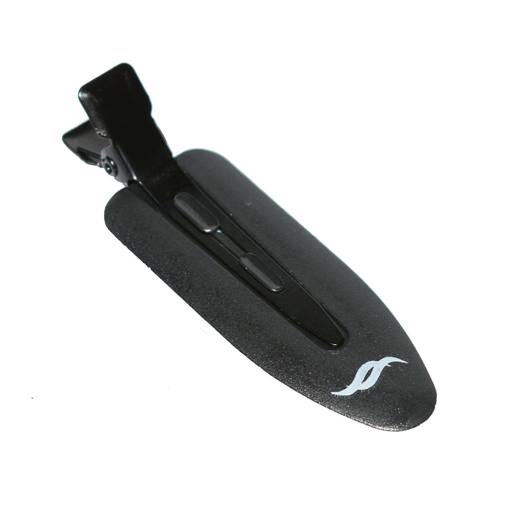 A single black hair clip with a plastic surface and a white SS logo on the bottom.