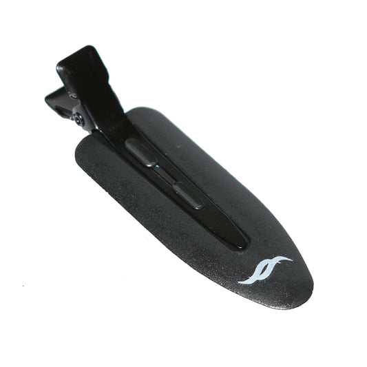 A single black hair clip with a plastic surface and a white SS logo on the bottom.